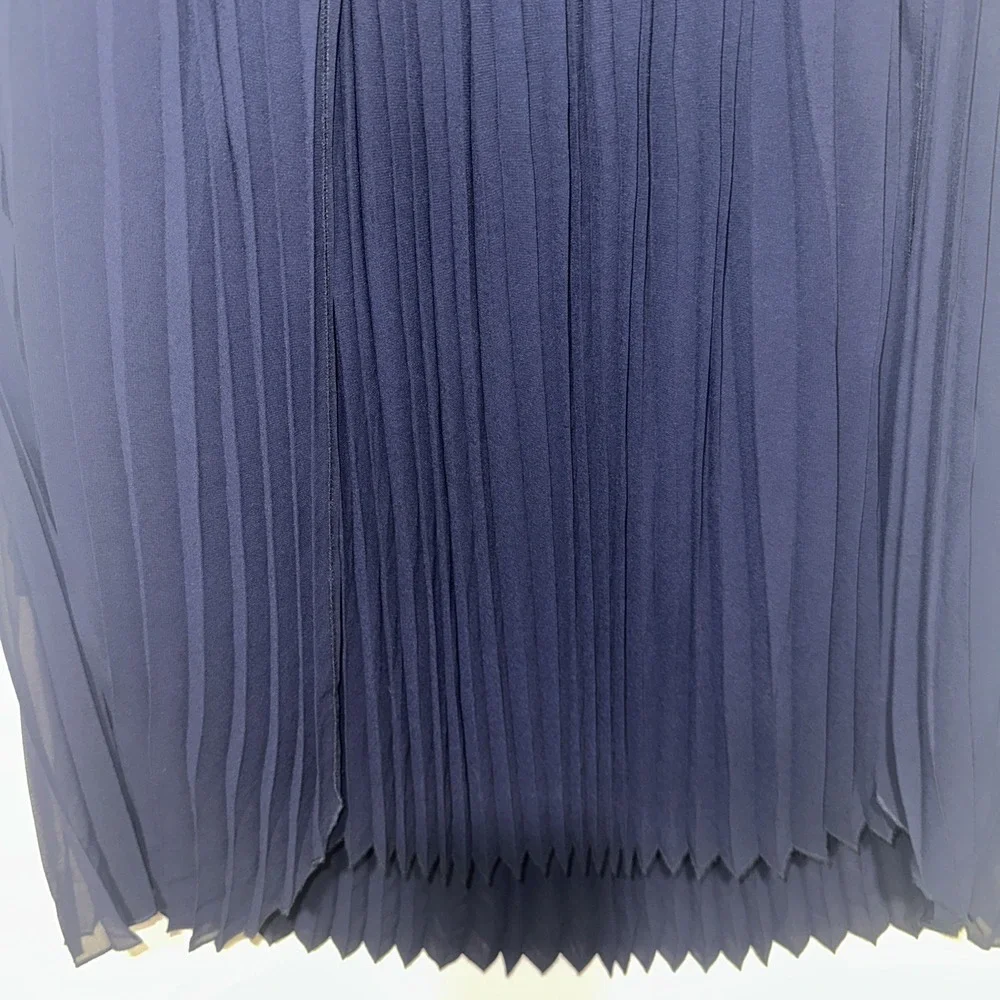 Pleione Asymmetrical Pleated Midi Skirt Black Sheer Overlay Size S Navy Pull‎ On